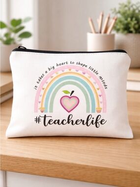 NWT Cream Canvas Pouch Rainbow Design Teacher Life- Makeup Bag - Set of 2